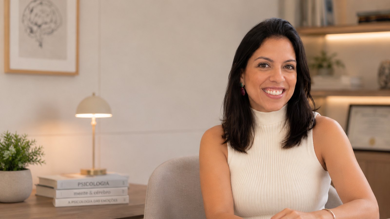 Fernanda Gandour em ambiente de atendimento para terapia online
